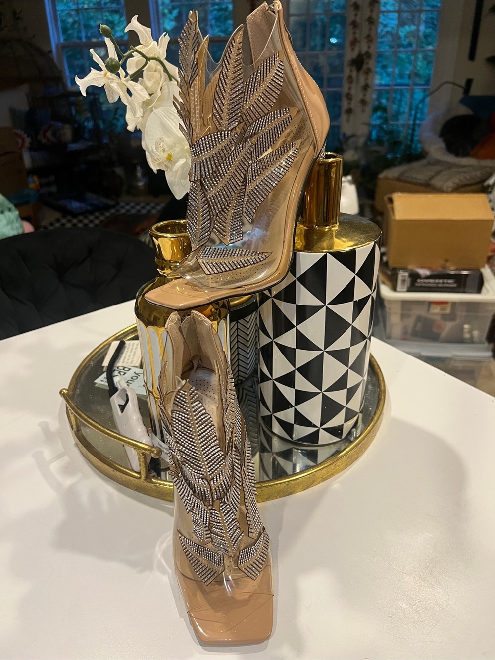 Azalea Wang Beige Feather-Rhinestone Accent Clear Heel Booties